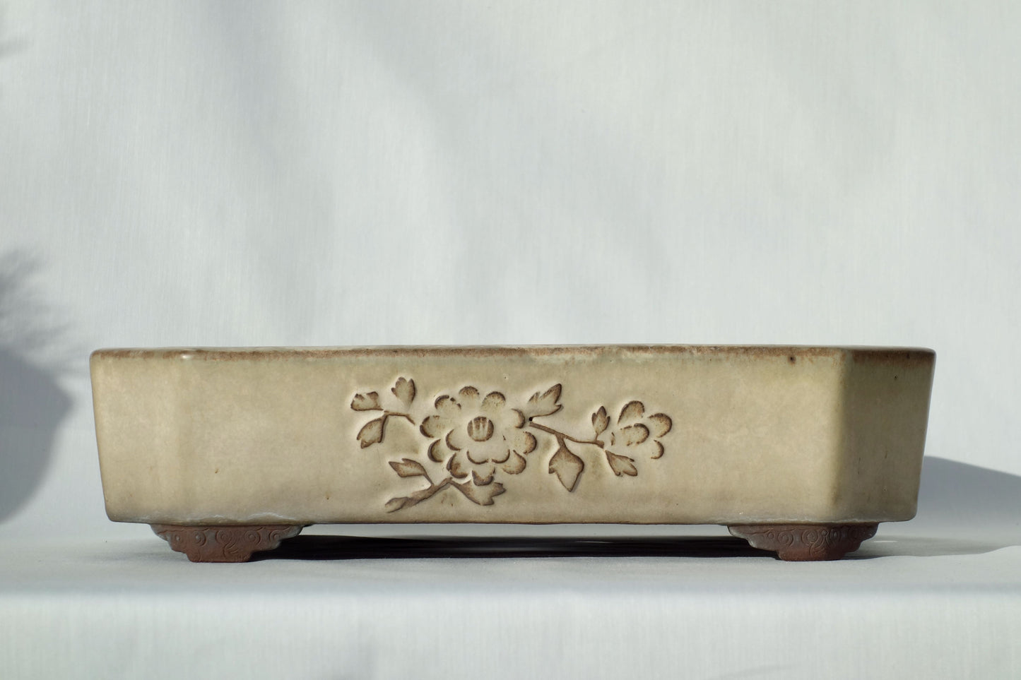 Japanese Bonsai Pot - Yamaaki (Tokoname) 12in (32cm) - Cream Glaze & Flower Relief