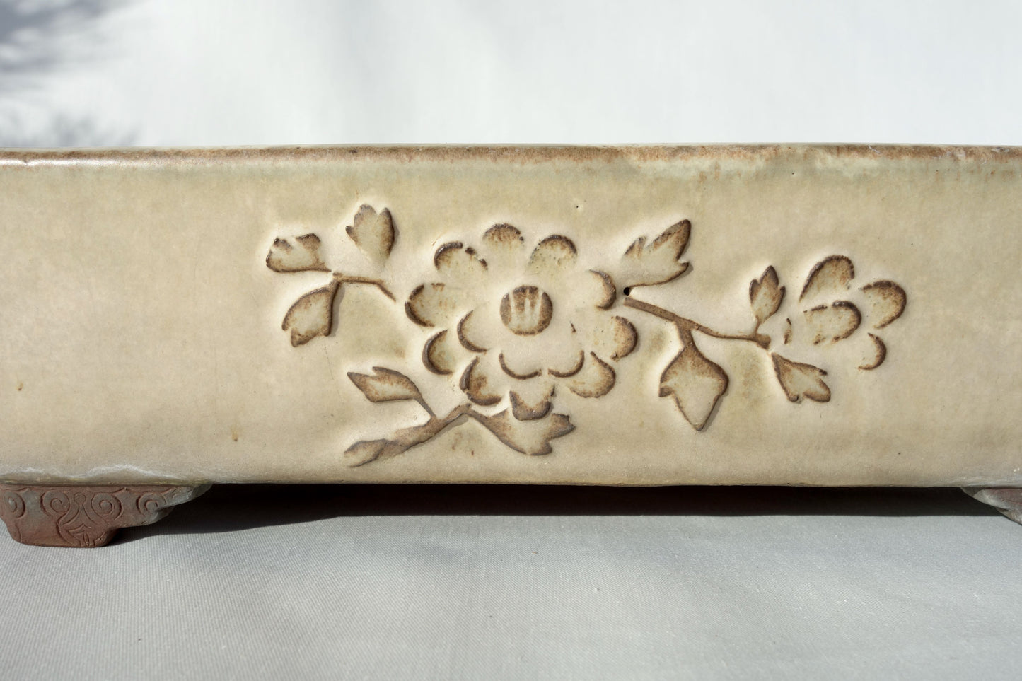 Japanese Bonsai Pot - Yamaaki (Tokoname) 12in (32cm) - Cream Glaze & Flower Relief