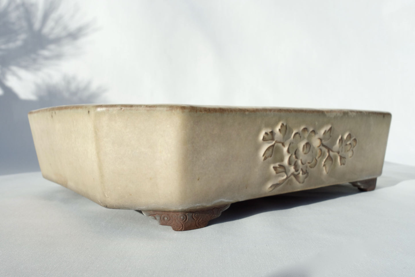 Japanese Bonsai Pot - Yamaaki (Tokoname) 12in (32cm) - Cream Glaze & Flower Relief