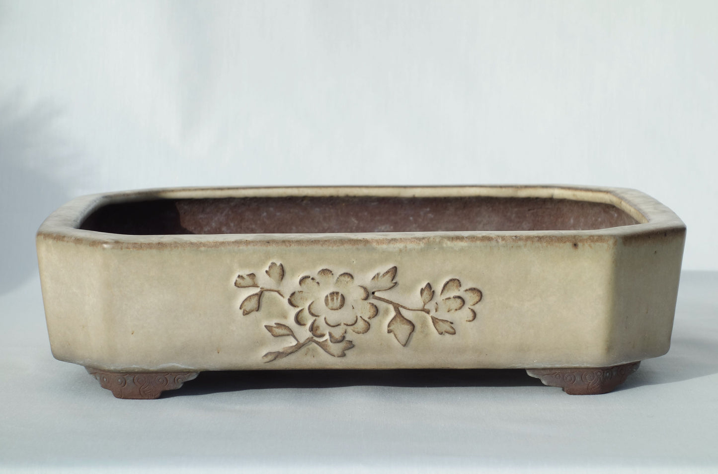 Japanese Bonsai Pot - Yamaaki (Tokoname) 12in (32cm) - Cream Glaze & Flower Relief