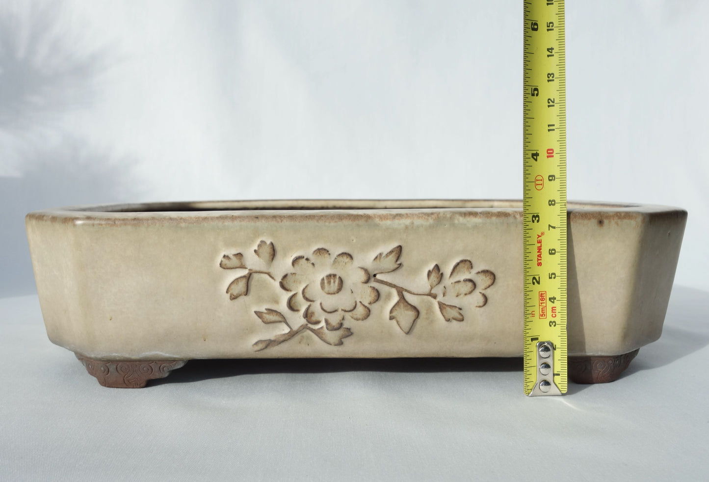 Japanese Bonsai Pot - Yamaaki (Tokoname) 12in (32cm) - Cream Glaze & Flower Relief