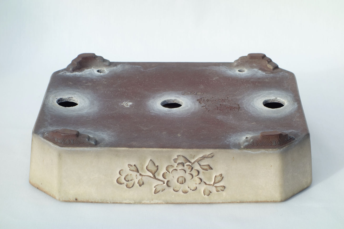 Japanese Bonsai Pot - Yamaaki (Tokoname) 12in (32cm) - Cream Glaze & Flower Relief